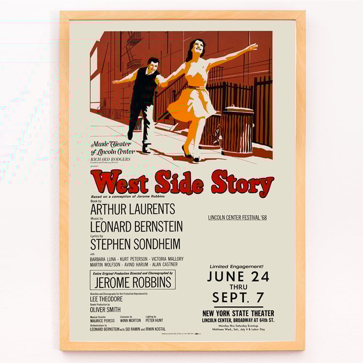 West Side Story by Artcraft Lithograph promotional poster with dancing couple illustration. Poster for West Side Story by Artcraft Lithograph featuring a dancing couple with performance details.