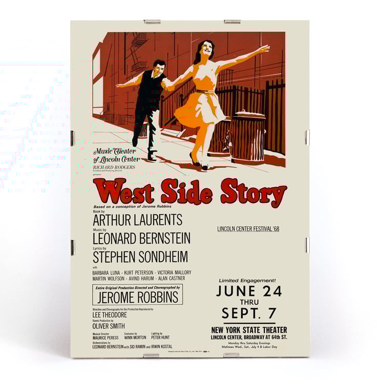 West Side Story by Artcraft Lithograph promotional poster with dancing couple illustration. Poster for West Side Story by Artcraft Lithograph featuring a dancing couple with performance details.