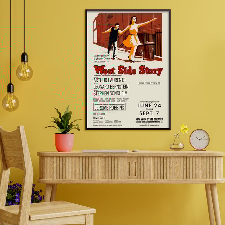 West Side Story by Artcraft Lithograph promotional poster with dancing couple illustration. Poster for West Side Story by Artcraft Lithograph featuring a dancing couple with performance details.