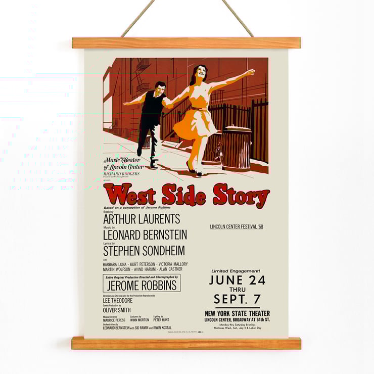 West Side Story by Artcraft Lithograph promotional poster with dancing couple illustration. Poster for West Side Story by Artcraft Lithograph featuring a dancing couple with performance details.