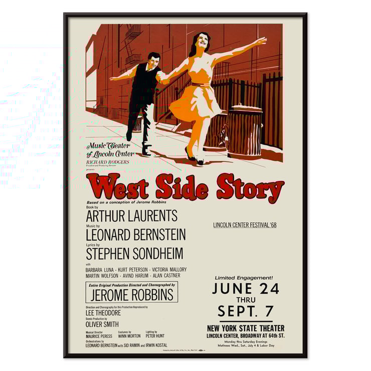 West Side Story by Artcraft Lithograph promotional poster with dancing couple illustration. Poster for West Side Story by Artcraft Lithograph featuring a dancing couple with performance details.
