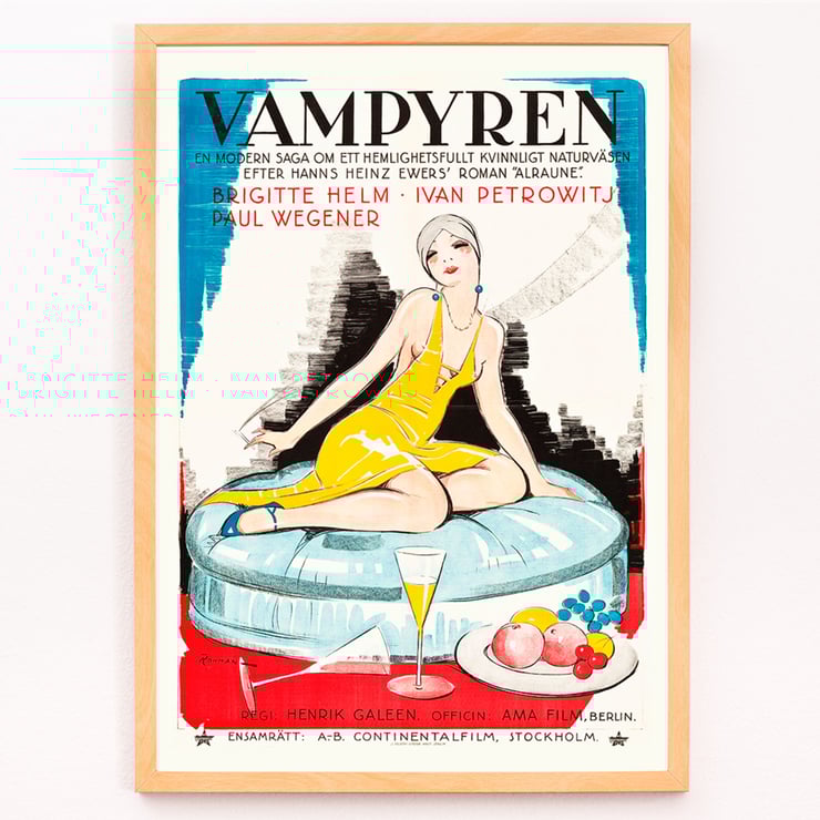 Poster of Vampyren featuring a woman in a yellow dress with A Daughter of Destiny by Eric Rohman. Poster titled A Daughter of Destiny by Eric Rohman features a stylish woman in a yellow dress sitting on a circular seat.