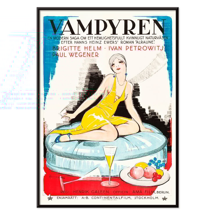 Poster of Vampyren featuring a woman in a yellow dress with A Daughter of Destiny by Eric Rohman. Poster titled A Daughter of Destiny by Eric Rohman features a stylish woman in a yellow dress sitting on a circular seat.