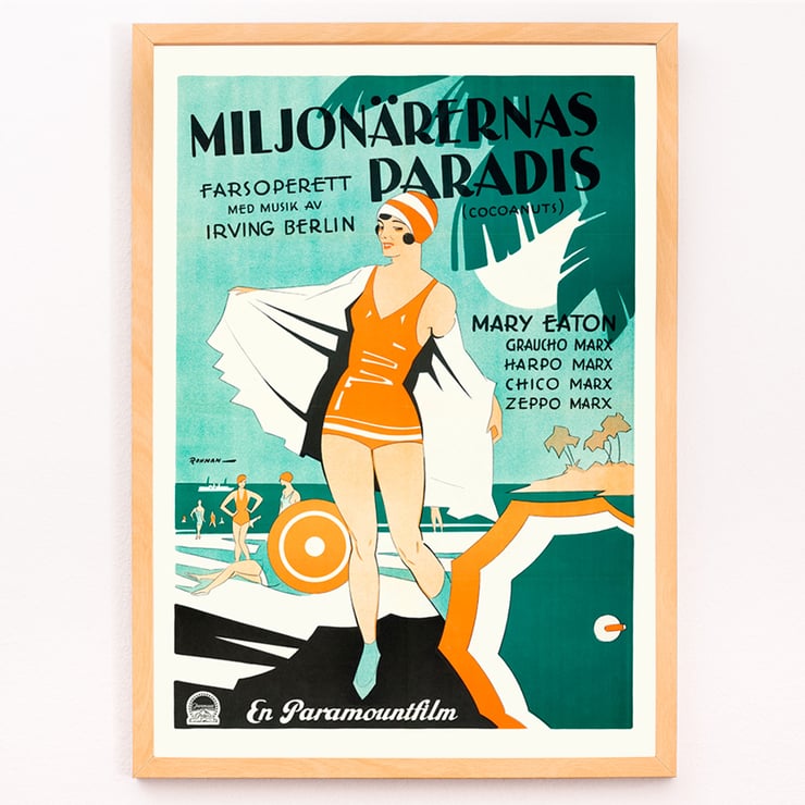 Vintage poster art featuring beach scene and swimmers in Miljonärernas Paradis by Eric Rohman from The Cocoanuts A vintage poster of Miljonärernas Paradis featuring a beach scene illustrated by Eric Rohman with The Cocoanuts.