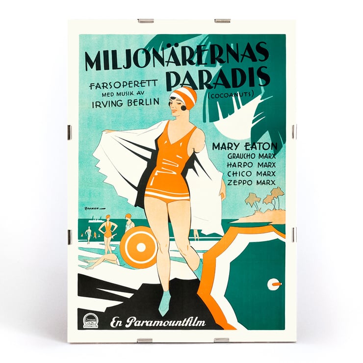 Vintage poster art featuring beach scene and swimmers in Miljonärernas Paradis by Eric Rohman from The Cocoanuts A vintage poster of Miljonärernas Paradis featuring a beach scene illustrated by Eric Rohman with The Cocoanuts.