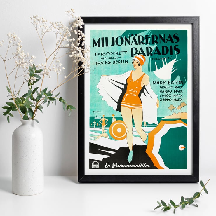 Vintage poster art featuring beach scene and swimmers in Miljonärernas Paradis by Eric Rohman from The Cocoanuts A vintage poster of Miljonärernas Paradis featuring a beach scene illustrated by Eric Rohman with The Cocoanuts.