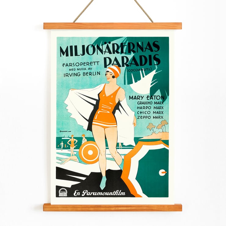 Vintage poster art featuring beach scene and swimmers in Miljonärernas Paradis by Eric Rohman from The Cocoanuts A vintage poster of Miljonärernas Paradis featuring a beach scene illustrated by Eric Rohman with The Cocoanuts.