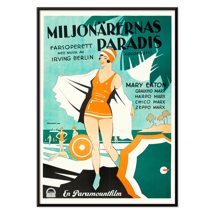 Vintage poster art featuring beach scene and swimmers in Miljonärernas Paradis by Eric Rohman from The Cocoanuts A vintage poster of Miljonärernas Paradis featuring a beach scene illustrated by Eric Rohman with The Cocoanuts.