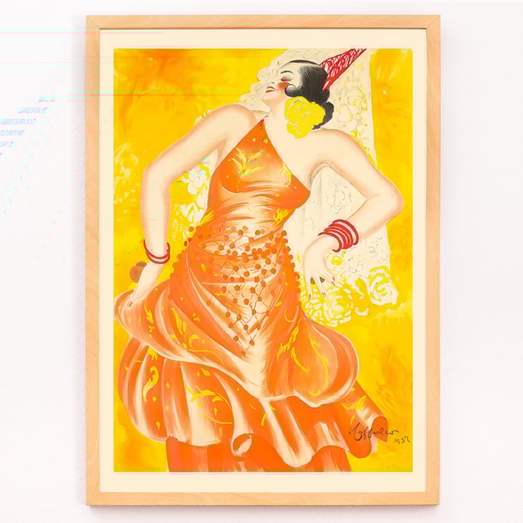 Vibrant artwork by Leonetto Cappiello titled Conchita Supervia featuring a flamenco dancer in a bright orange dress. Poster of a woman dancing in an orange dress with red accessories vibrant background Conchita Supervia by Leonetto Cappiello