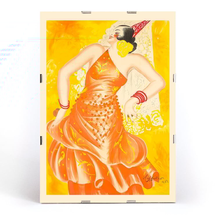 Vibrant artwork by Leonetto Cappiello titled Conchita Supervia featuring a flamenco dancer in a bright orange dress. Poster of a woman dancing in an orange dress with red accessories vibrant background Conchita Supervia by Leonetto Cappiello