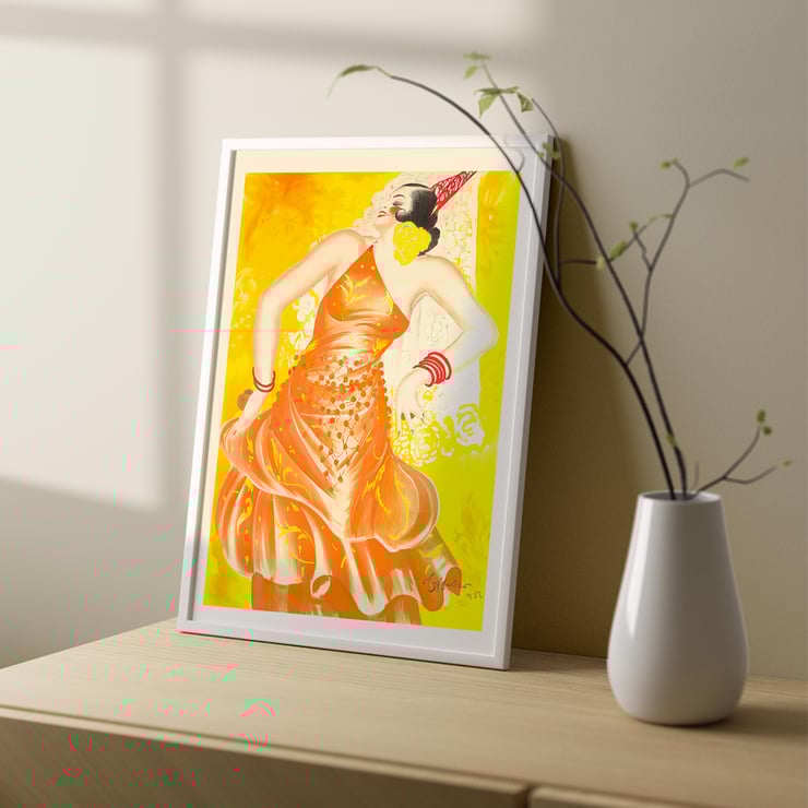 Vibrant artwork by Leonetto Cappiello titled Conchita Supervia featuring a flamenco dancer in a bright orange dress. Poster of a woman dancing in an orange dress with red accessories vibrant background Conchita Supervia by Leonetto Cappiello