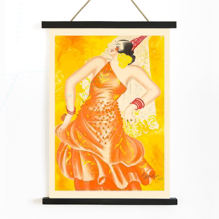 Vibrant artwork by Leonetto Cappiello titled Conchita Supervia featuring a flamenco dancer in a bright orange dress. Poster of a woman dancing in an orange dress with red accessories vibrant background Conchita Supervia by Leonetto Cappiello