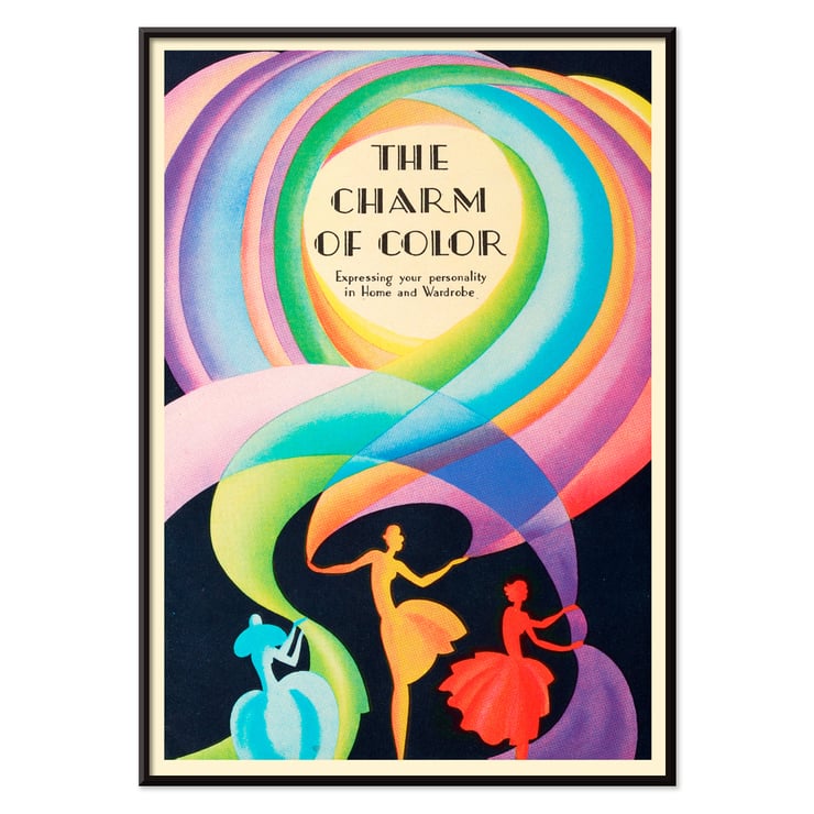 Colorful artwork featuring elegant dancers by Marie Josephine Carr titled The Charm of Color Poster of The Charm of Color by Marie Josephine Carr featuring colorful dancers and swirling rainbow patterns.