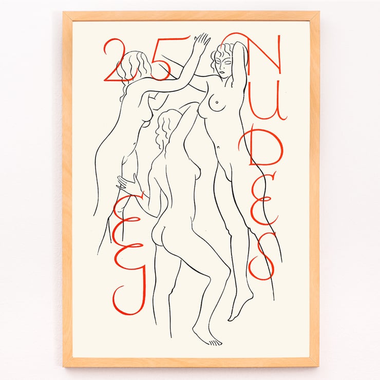 Eric Gill artwork titled Twenty-five Nudes featuring three stylized nude figures. Poster artwork showing three abstract nude figures with red text reading Twenty-five nudes by Eric Gill.