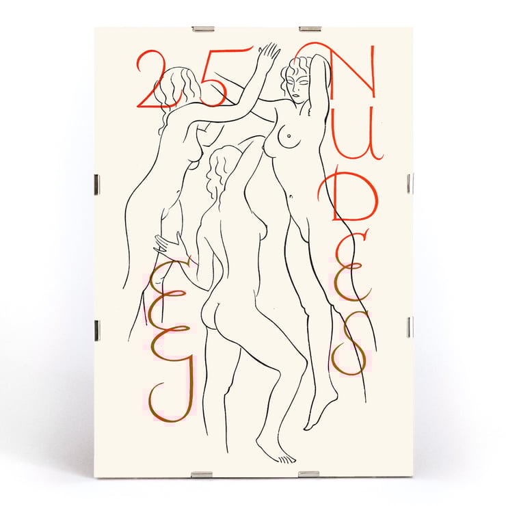 Eric Gill artwork titled Twenty-five Nudes featuring three stylized nude figures. Poster artwork showing three abstract nude figures with red text reading Twenty-five nudes by Eric Gill.