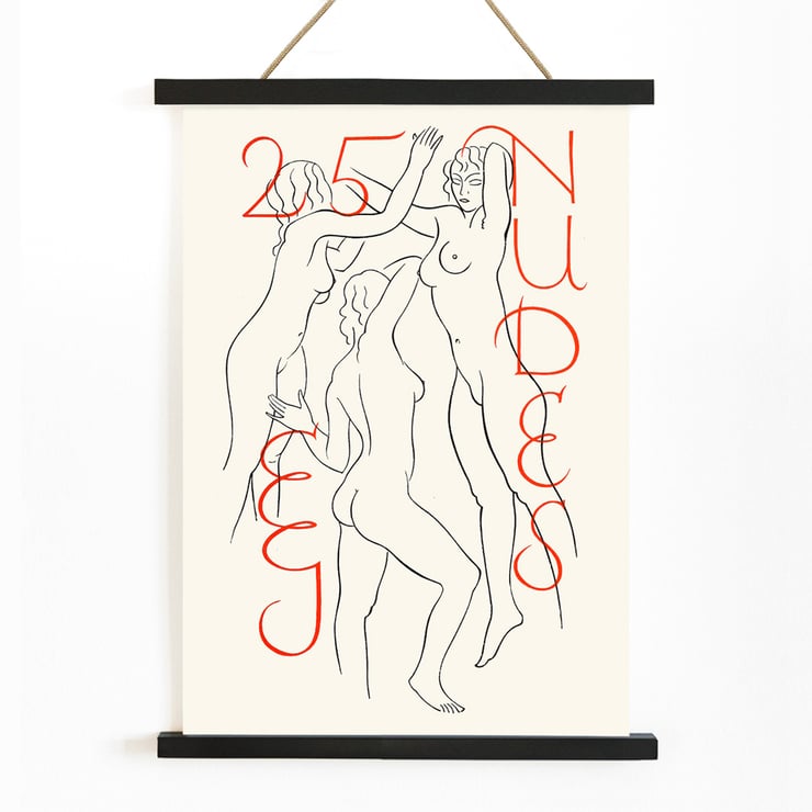 Eric Gill artwork titled Twenty-five Nudes featuring three stylized nude figures. Poster artwork showing three abstract nude figures with red text reading Twenty-five nudes by Eric Gill.