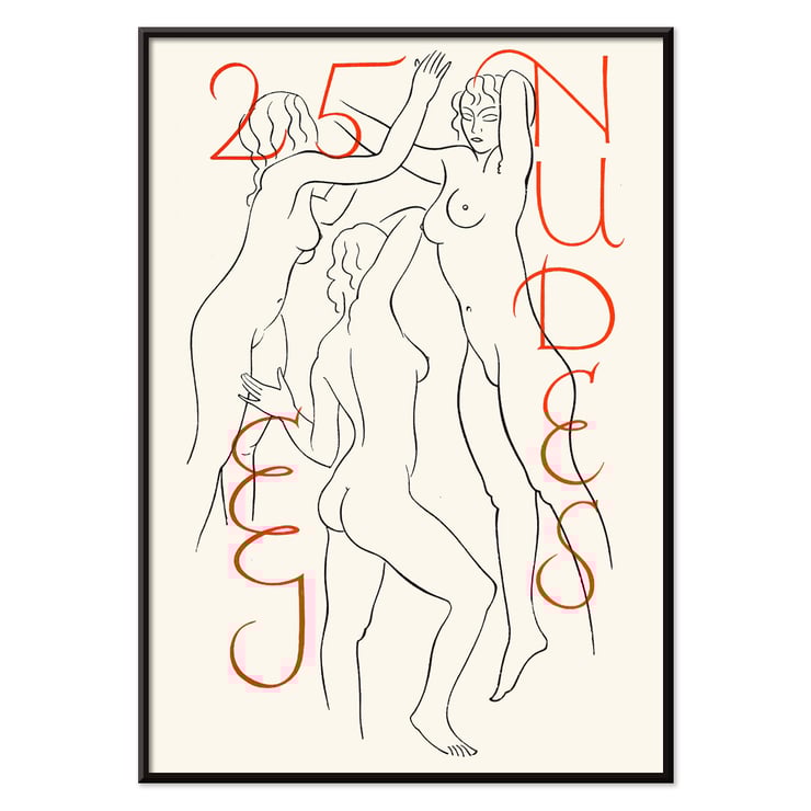 Eric Gill artwork titled Twenty-five Nudes featuring three stylized nude figures. Poster artwork showing three abstract nude figures with red text reading Twenty-five nudes by Eric Gill.