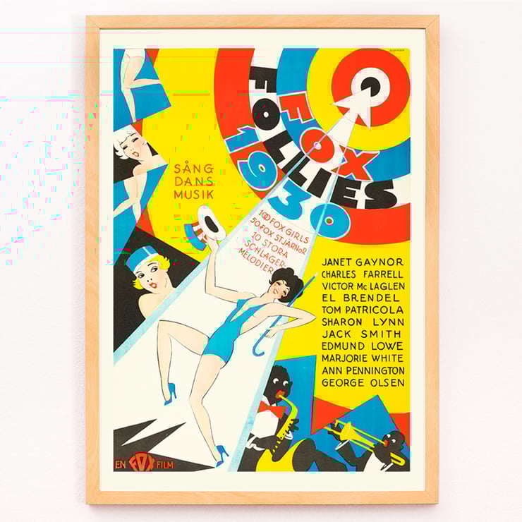 Colorful vintage poster for Fox Follies by Eric Rohman featuring dancers and musicians. Poster for Follies of 1930 by Eric Rohman featuring colorful artwork with dancers and musicians in vibrant costumes.