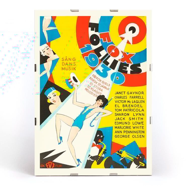 Colorful vintage poster for Fox Follies by Eric Rohman featuring dancers and musicians. Poster for Follies of 1930 by Eric Rohman featuring colorful artwork with dancers and musicians in vibrant costumes.