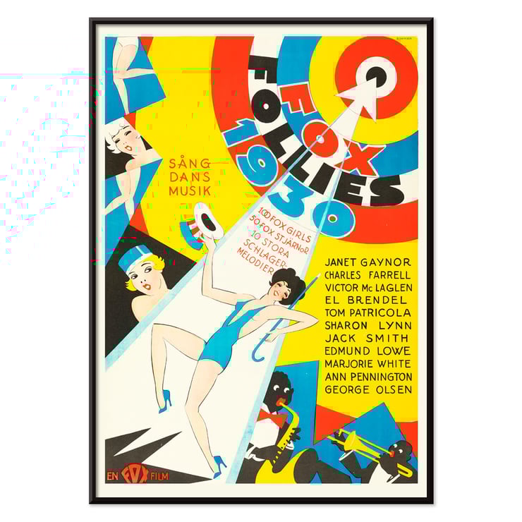 Colorful vintage poster for Fox Follies by Eric Rohman featuring dancers and musicians. Poster for Follies of 1930 by Eric Rohman featuring colorful artwork with dancers and musicians in vibrant costumes.