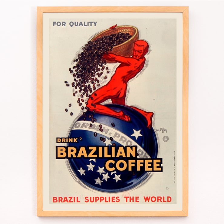 Promotional artwork by Jean d'Ylen titled For quality drink Brazilian coffee Brazil supplies the world featuring a red figure pouring coffee beans. A vintage poster by Jean d'Ylen promoting Brazilian coffee featuring a red figure pouring coffee beans over a globe.