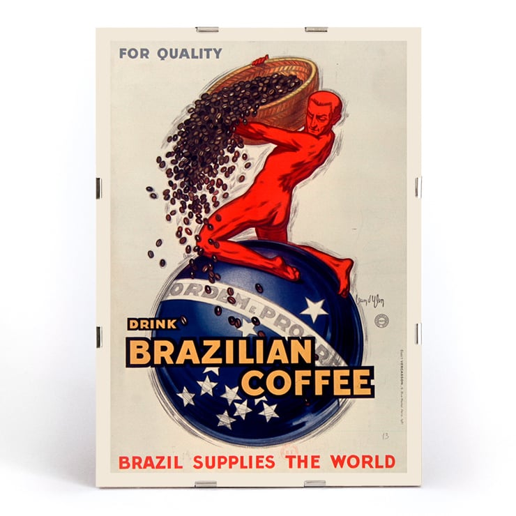 Promotional artwork by Jean d'Ylen titled For quality drink Brazilian coffee Brazil supplies the world featuring a red figure pouring coffee beans. A vintage poster by Jean d'Ylen promoting Brazilian coffee featuring a red figure pouring coffee beans over a globe.