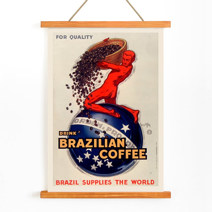 Promotional artwork by Jean d'Ylen titled For quality drink Brazilian coffee Brazil supplies the world featuring a red figure pouring coffee beans. A vintage poster by Jean d'Ylen promoting Brazilian coffee featuring a red figure pouring coffee beans over a globe.