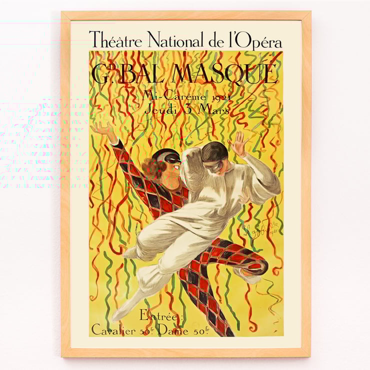 Colorful masquerade ball poster by Leonetto Cappiello titled Théâtre National De L’opéra Grand Bal De La Mi-Carême featuring dancers with vibrant streamers Poster of two masked dancers surrounded by colorful streamers at the Grand Bal by Leonetto Cappiello.