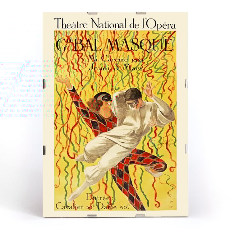 Colorful masquerade ball poster by Leonetto Cappiello titled Théâtre National De L’opéra Grand Bal De La Mi-Carême featuring dancers with vibrant streamers Poster of two masked dancers surrounded by colorful streamers at the Grand Bal by Leonetto Cappiello.