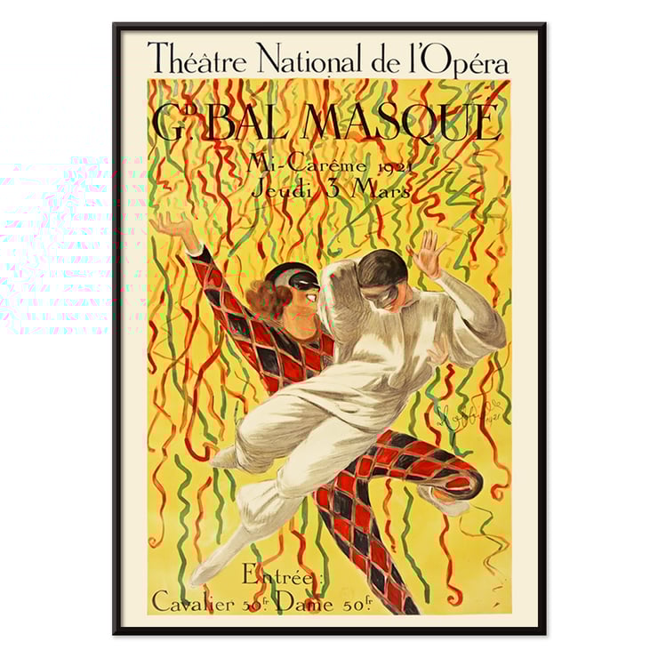 Colorful masquerade ball poster by Leonetto Cappiello titled Théâtre National De L’opéra Grand Bal De La Mi-Carême featuring dancers with vibrant streamers Poster of two masked dancers surrounded by colorful streamers at the Grand Bal by Leonetto Cappiello.