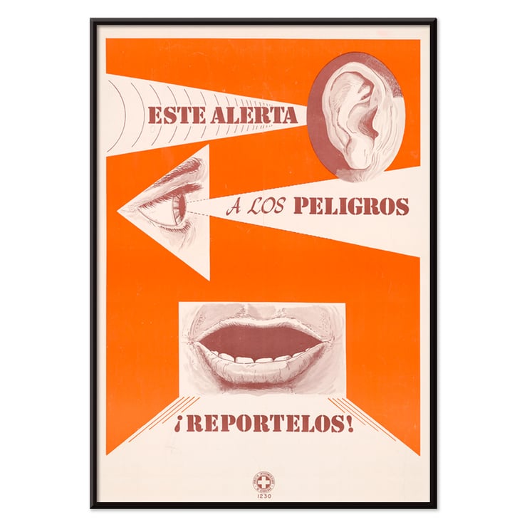 Esta alarma a los peligros Reportelos von zeigt Ohr-, Augen- und Mundsymbole in einem Sicherheitsplakat Poster mit dem Titel „Esta alerta a los peligros Reportelos“ mit einem Ohr, Auge und Mund in einem kräftigen orange-weißen Design