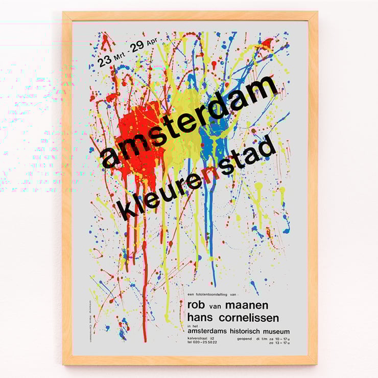 Amsterdam Color City by Hans Cornelissen vibrant abstract splatter artwork poster Poster of abstract paint splatters with text Amsterdam kleuren stad by Hans Cornelissen in bold over colorful background.