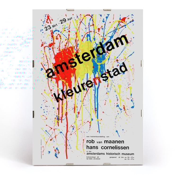 Amsterdam Color City by Hans Cornelissen vibrant abstract splatter artwork poster Poster of abstract paint splatters with text Amsterdam kleuren stad by Hans Cornelissen in bold over colorful background.