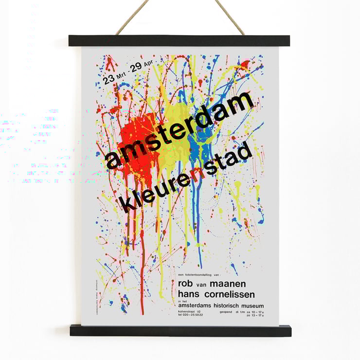 Amsterdam Color City by Hans Cornelissen vibrant abstract splatter artwork poster Poster of abstract paint splatters with text Amsterdam kleuren stad by Hans Cornelissen in bold over colorful background.