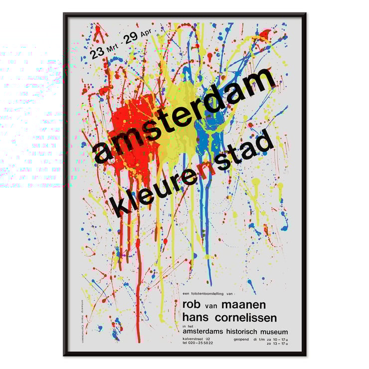 Amsterdam Color City by Hans Cornelissen vibrant abstract splatter artwork poster Poster of abstract paint splatters with text Amsterdam kleuren stad by Hans Cornelissen in bold over colorful background.