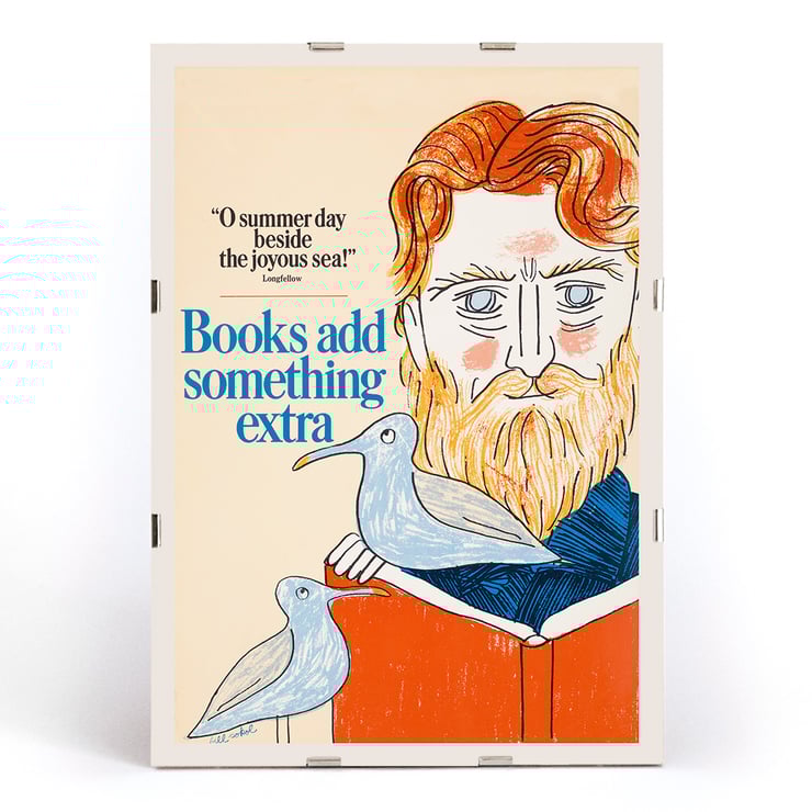 Illustration of a bearded man reading with seagulls by Bill Sokol titled Books add something extra Poster titled Books add something extra by Bill Sokol featuring a bearded man with birds and an open book.
