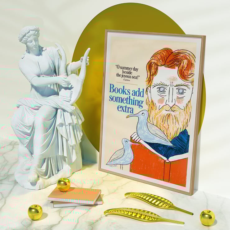 Illustration of a bearded man reading with seagulls by Bill Sokol titled Books add something extra Poster titled Books add something extra by Bill Sokol featuring a bearded man with birds and an open book.