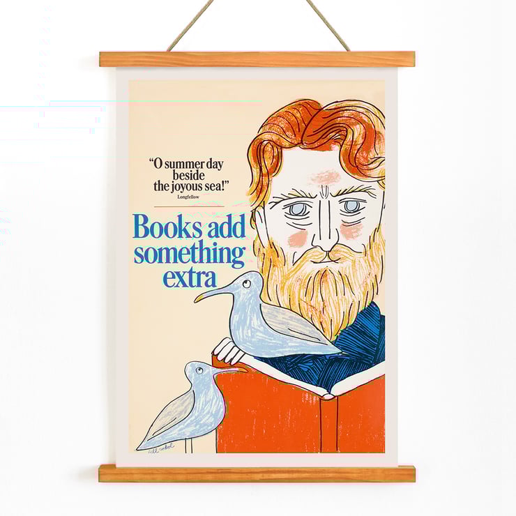 Illustration of a bearded man reading with seagulls by Bill Sokol titled Books add something extra Poster titled Books add something extra by Bill Sokol featuring a bearded man with birds and an open book.
