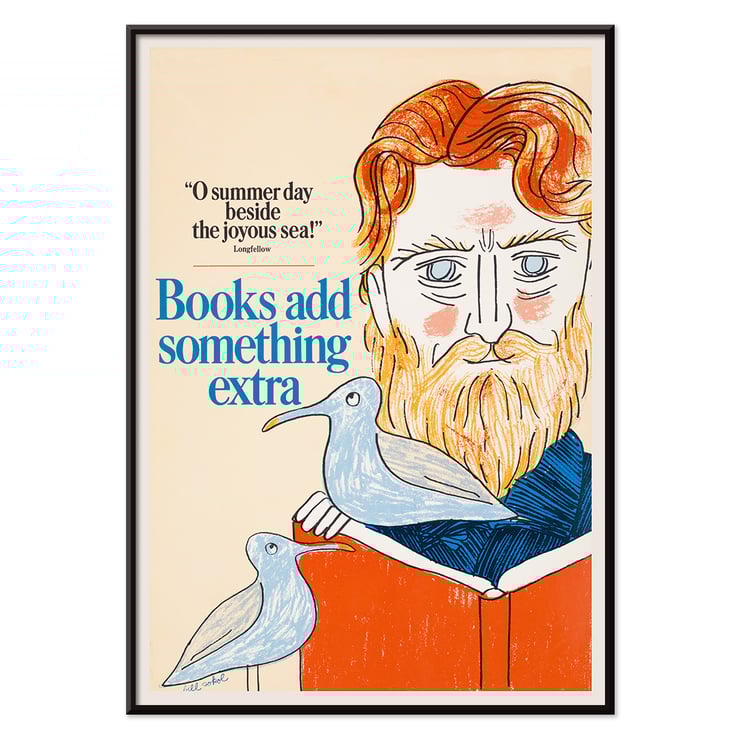 Illustration of a bearded man reading with seagulls by Bill Sokol titled Books add something extra Poster titled Books add something extra by Bill Sokol featuring a bearded man with birds and an open book.