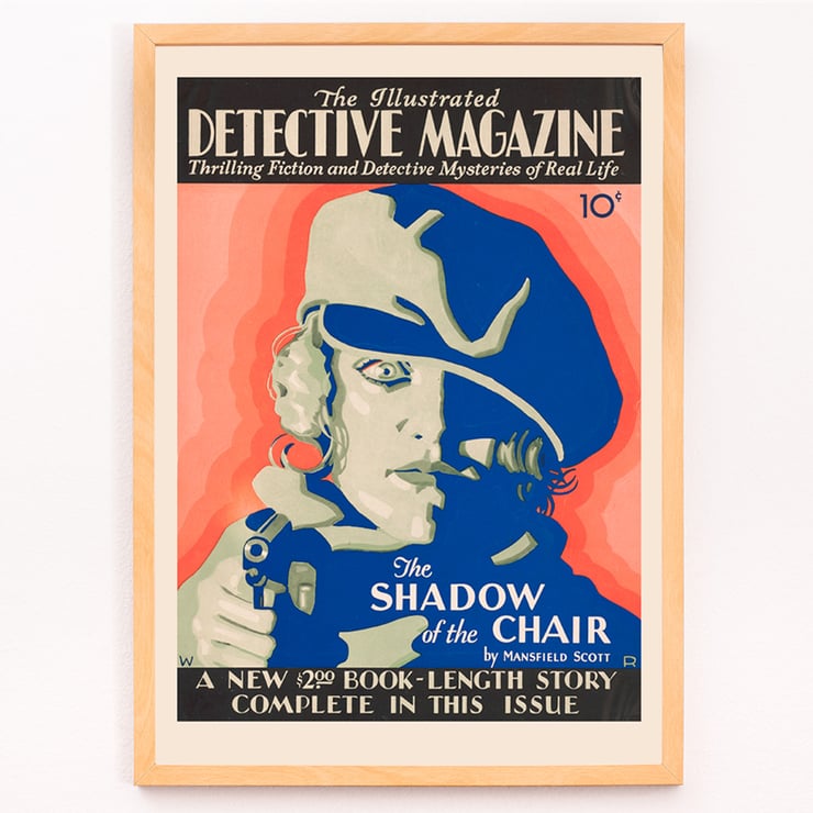 Illustrated Detective Magazine cover artwork The Illustrated by Winold Reiss featuring The Shadow of the Chair Detective Magazine poster featuring a blue and red illustration of a person in a hat with a gun by Winold Reiss