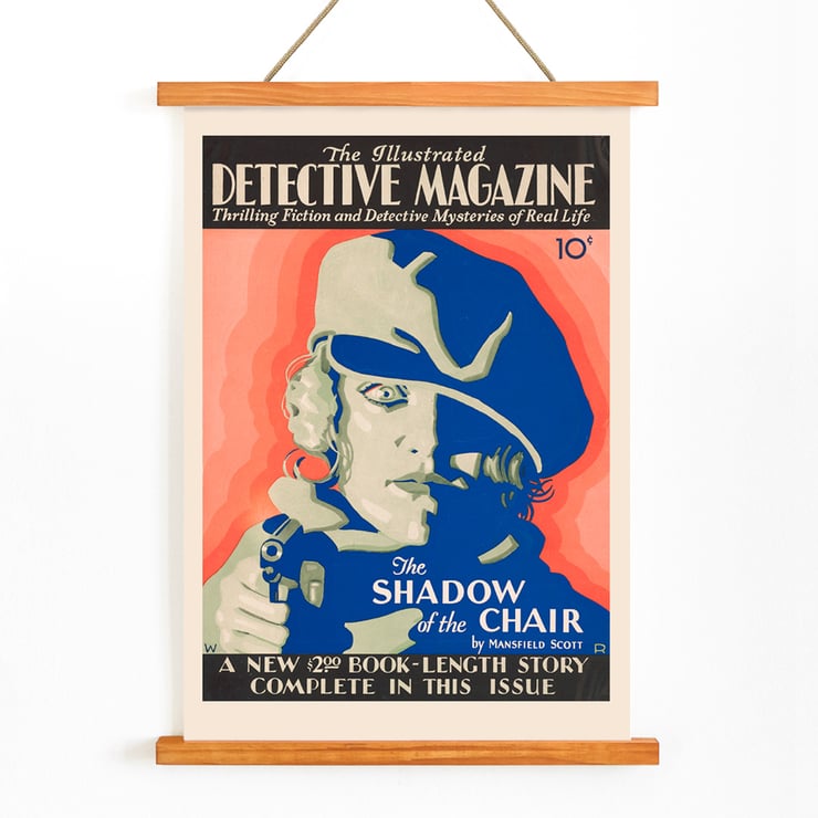 Illustrated Detective Magazine cover artwork The Illustrated by Winold Reiss featuring The Shadow of the Chair Detective Magazine poster featuring a blue and red illustration of a person in a hat with a gun by Winold Reiss
