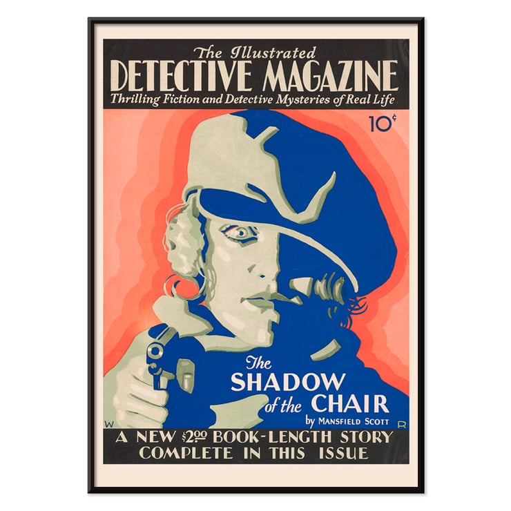 Illustrated Detective Magazine cover artwork The Illustrated by Winold Reiss featuring The Shadow of the Chair Detective Magazine poster featuring a blue and red illustration of a person in a hat with a gun by Winold Reiss