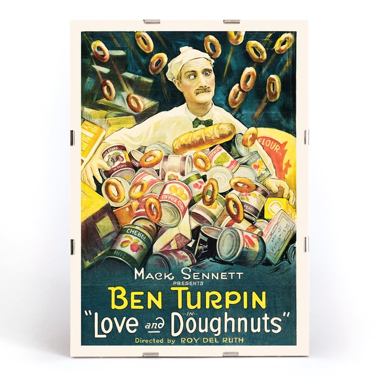 Love and Doughnuts by artist featuring a baker surrounded by flying doughnuts and canned goods Poster for the film Love and Doughnuts featuring a chef surrounded by flying doughnuts and canned goods.
