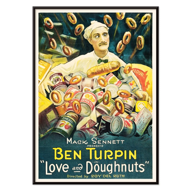 Love and Doughnuts by artist featuring a baker surrounded by flying doughnuts and canned goods Poster for the film Love and Doughnuts featuring a chef surrounded by flying doughnuts and canned goods.