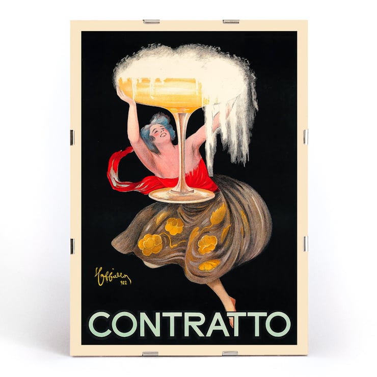 „Contratto“ von Leonetto Cappiello, lebendige Kunst mit Frau mit Champagnerglas Poster einer Frau, die ein großes Champagnerglas mit überquellenden Blasen hält, Contratto von Leonetto Cappiello.