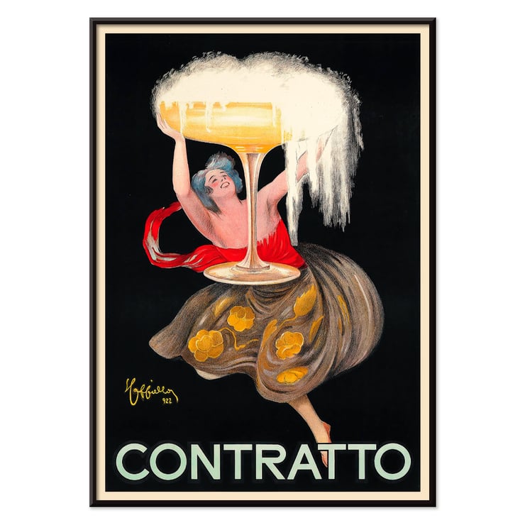 „Contratto“ von Leonetto Cappiello, lebendige Kunst mit Frau mit Champagnerglas Poster einer Frau, die ein großes Champagnerglas mit überquellenden Blasen hält, Contratto von Leonetto Cappiello.