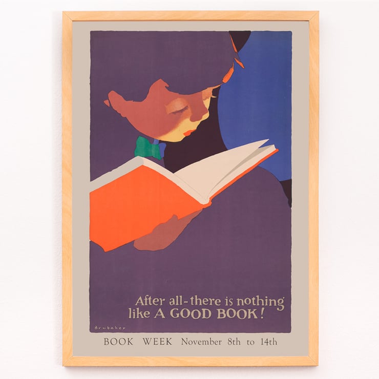 Child reading a book illustrated in After all there is nothing like a good book by Jon O Brubaker. Poster of a person reading an orange book in vibrant colors titled After all there is nothing like a good book by Jon O Brubaker.