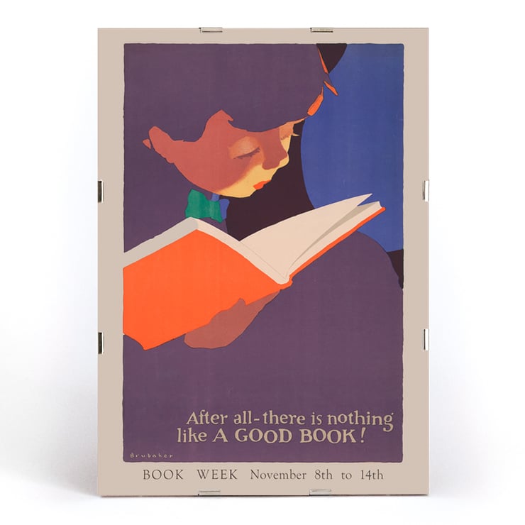 Child reading a book illustrated in After all there is nothing like a good book by Jon O Brubaker. Poster of a person reading an orange book in vibrant colors titled After all there is nothing like a good book by Jon O Brubaker.
