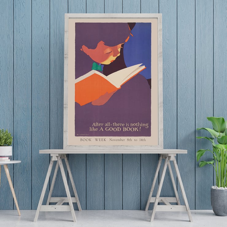 Child reading a book illustrated in After all there is nothing like a good book by Jon O Brubaker. Poster of a person reading an orange book in vibrant colors titled After all there is nothing like a good book by Jon O Brubaker.