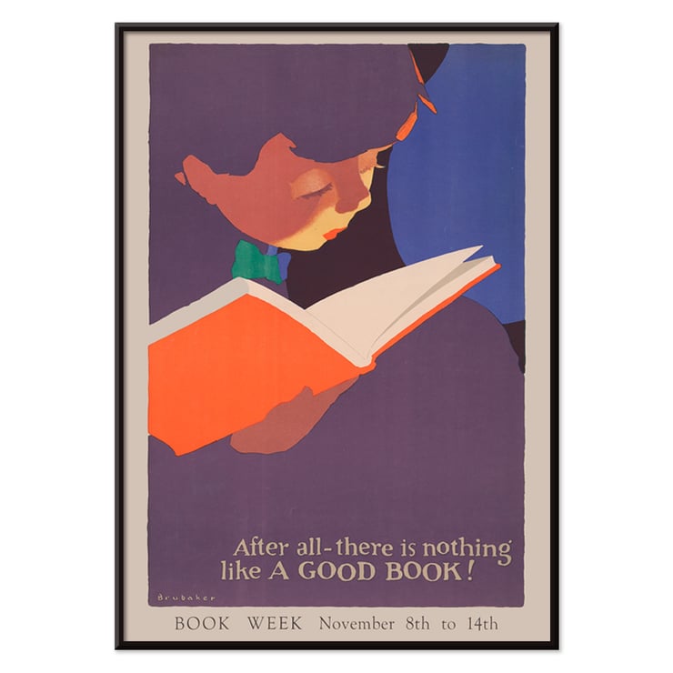 Child reading a book illustrated in After all there is nothing like a good book by Jon O Brubaker. Poster of a person reading an orange book in vibrant colors titled After all there is nothing like a good book by Jon O Brubaker.